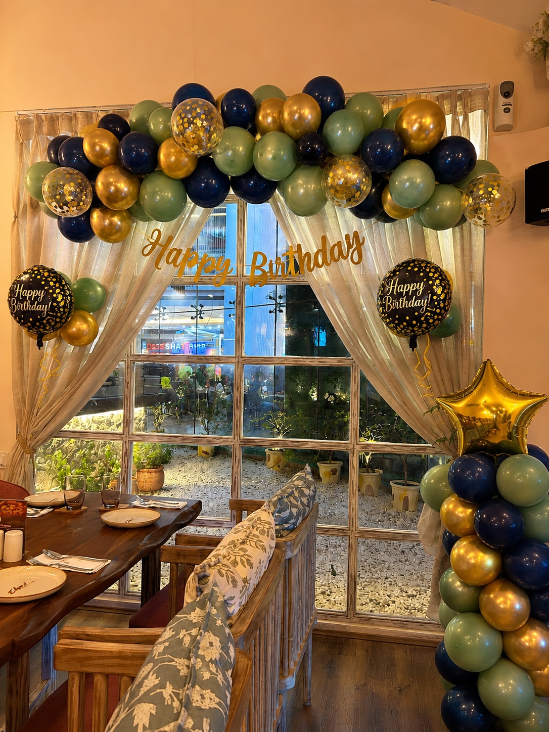 Navy, Sage & Gold Restaurant Birthday Arch