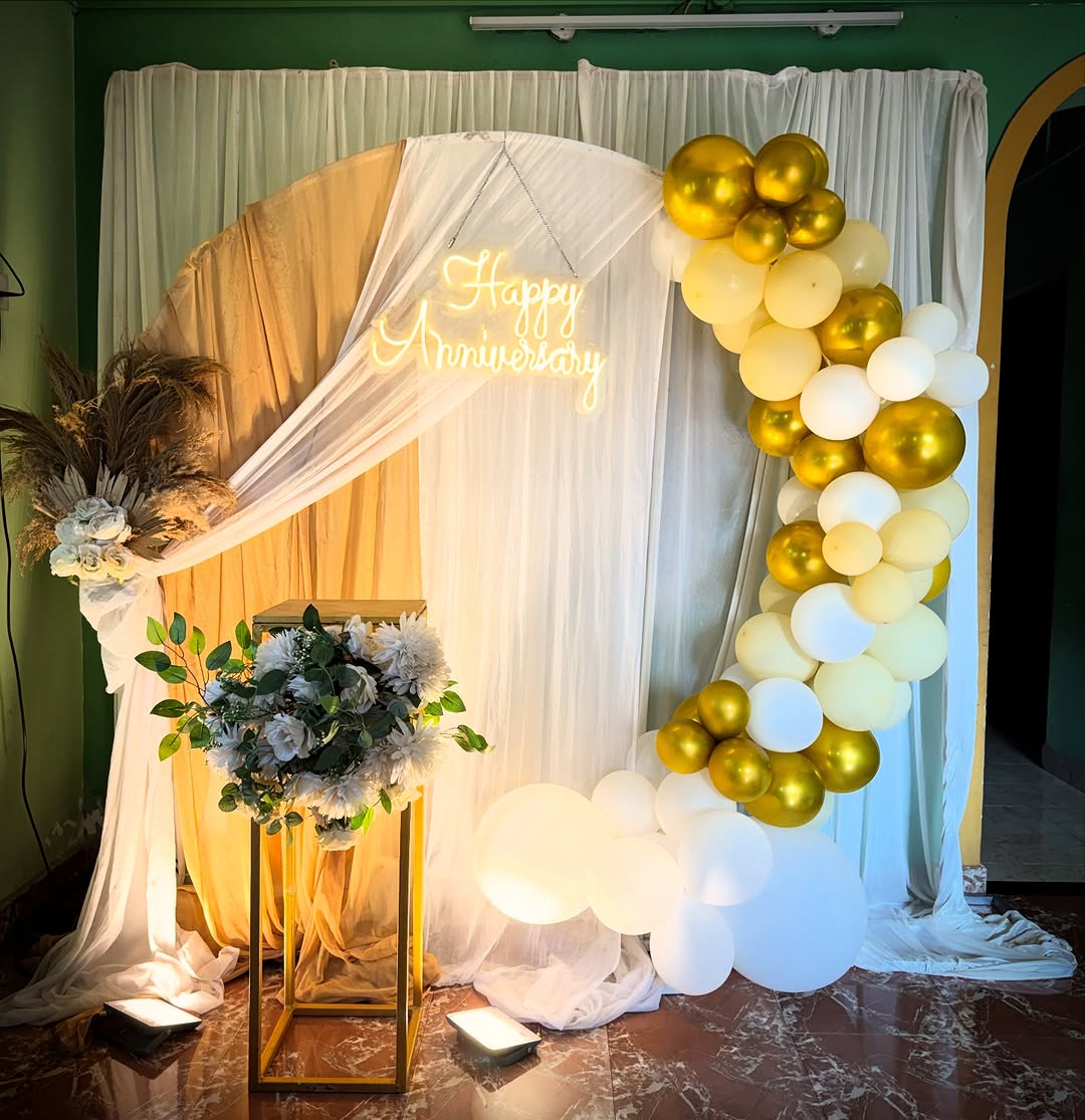 White Drape & Gold Floral Arch