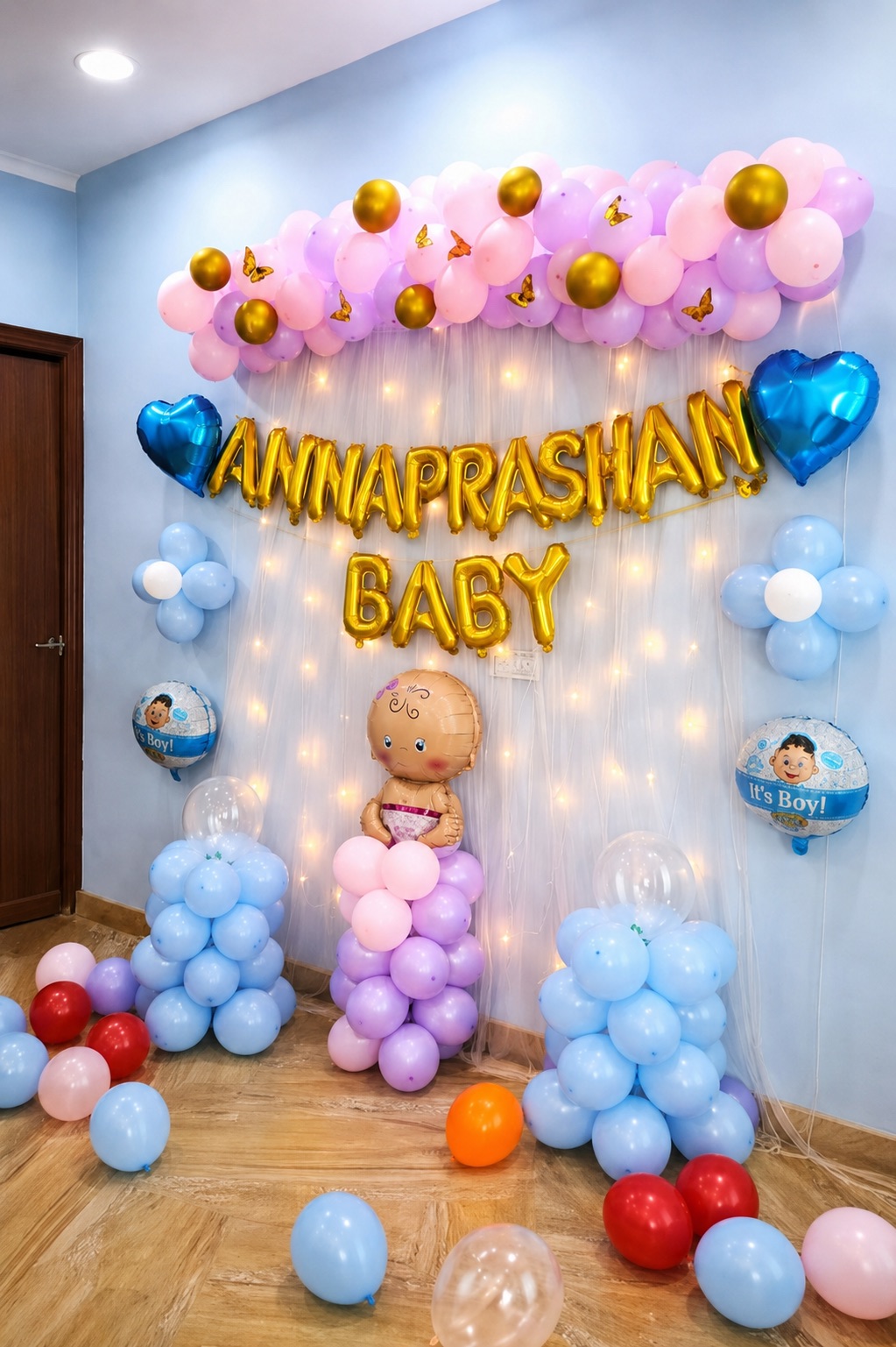 Pastel 'Annaprashan Baby' Foil & Fairy-Light Setup