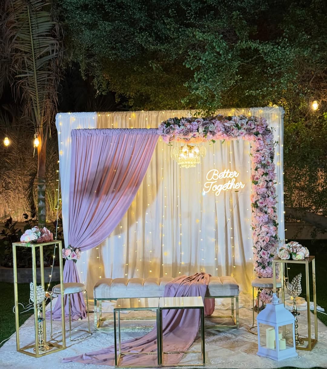 Outdoor Mauve Chandelier Engagement Setup