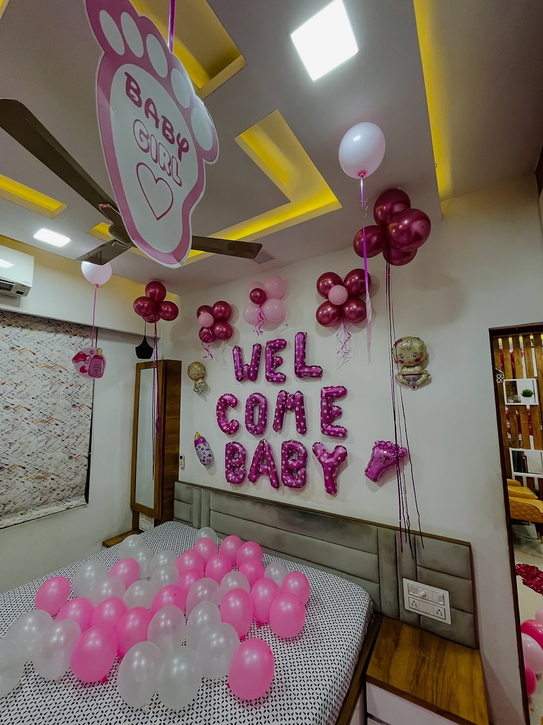 'Welcome Baby' Bedroom Setup with Baby-Girl Foot Ceiling Cutout