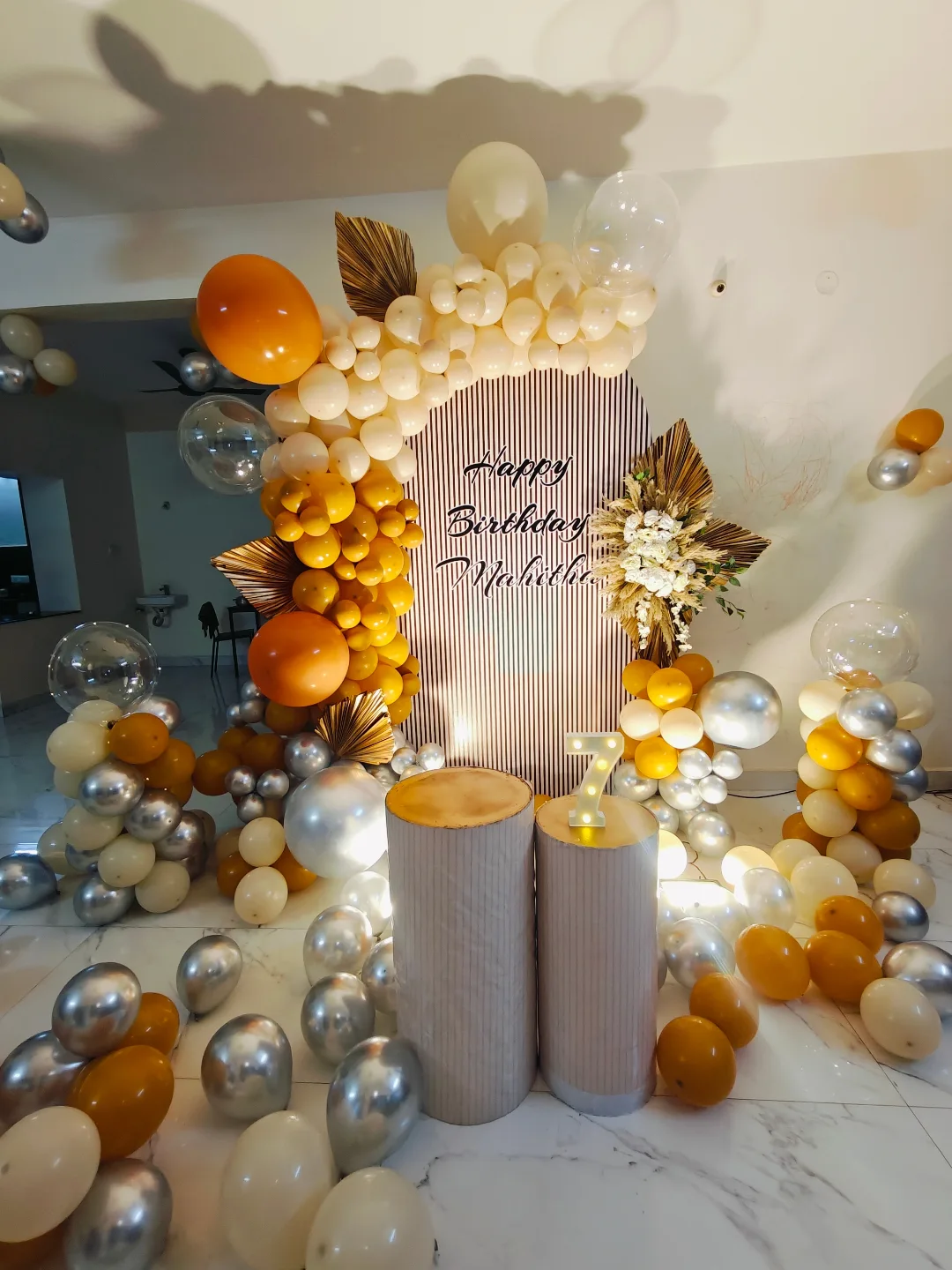 7th Birthday Mustard & Silver Setup