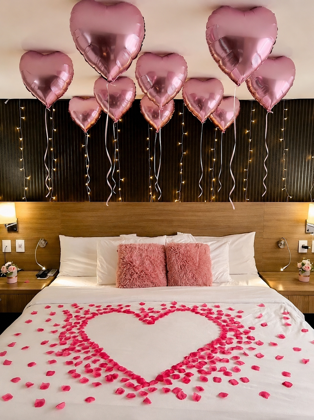 Rose Gold Heart Balloons & Petal Heart Room