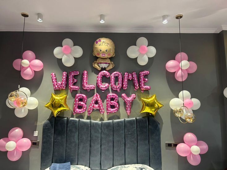 Pink Flower Balloon Headboard Welcome (Baby Girl)