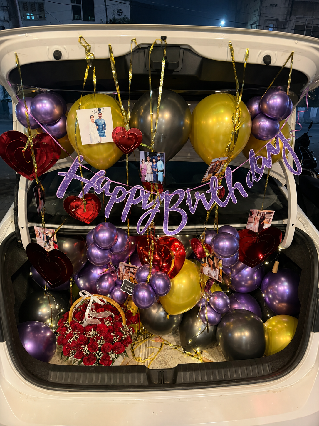 Purple & Gold Chrome Rose Basket Car Boot Decoration