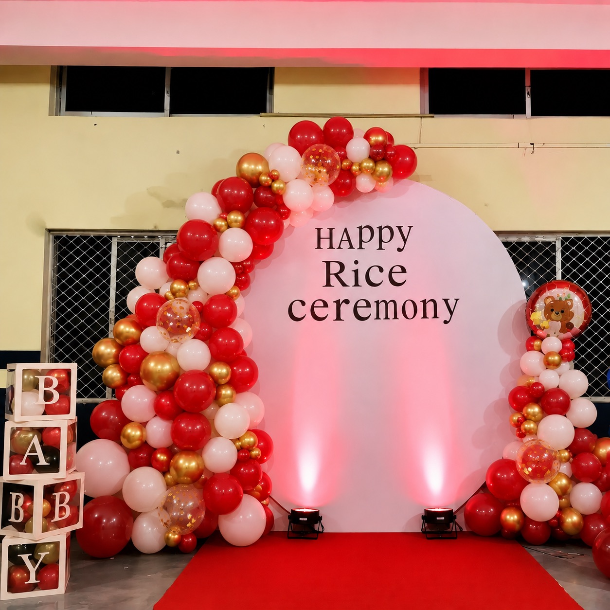 'Happy Rice Ceremony' Red, White & Gold Round Arch