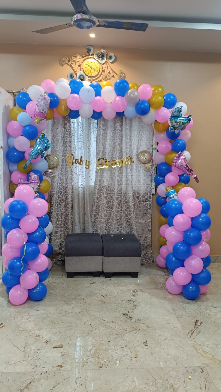 Multicolour Balloon Entry Arch with 'Baby Shower' Banner