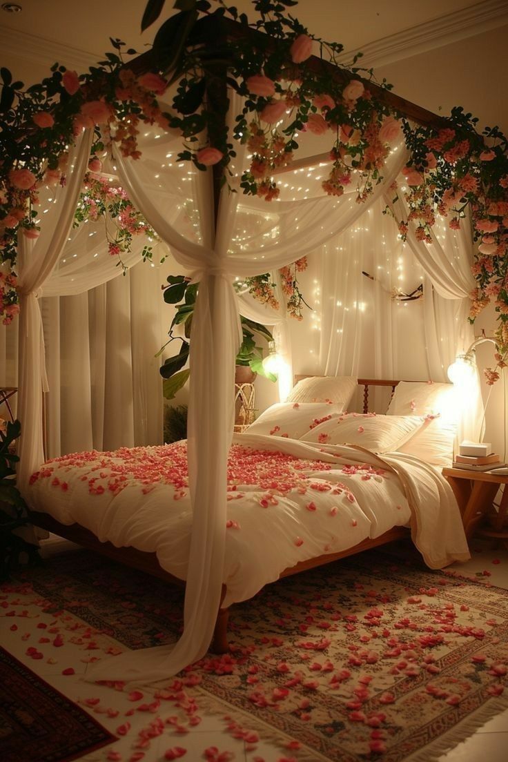 Blush Floral Fairy-Light Canopy Room