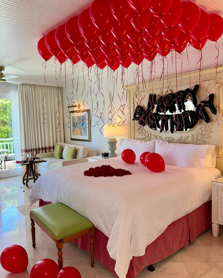 Red Balloon Ceiling & Black Birthday Foil Room