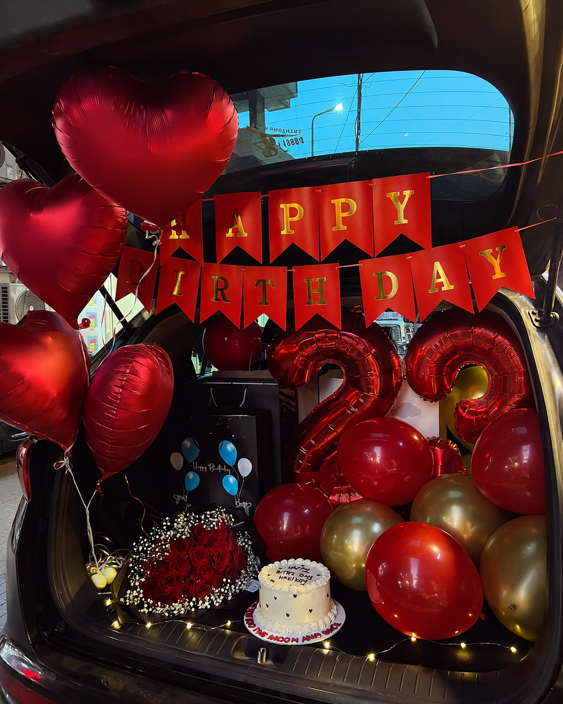 Red Heart & Number Rose Bouquet Car Boot Decoration