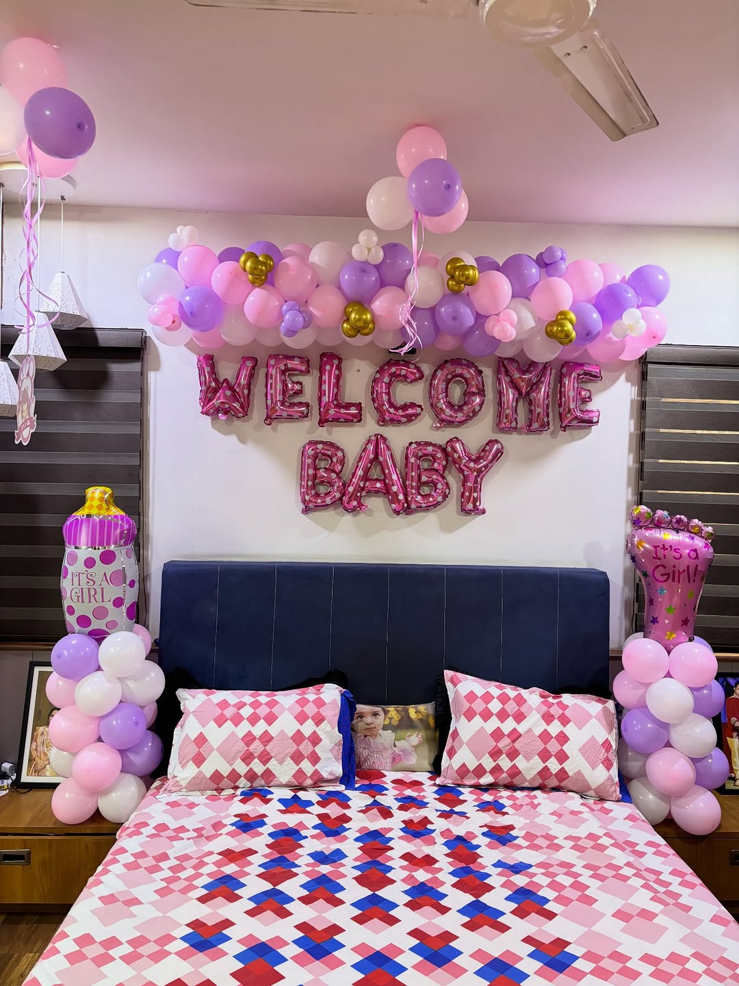 'Welcome Baby' Pink & Purple Bedroom Balloon Setup