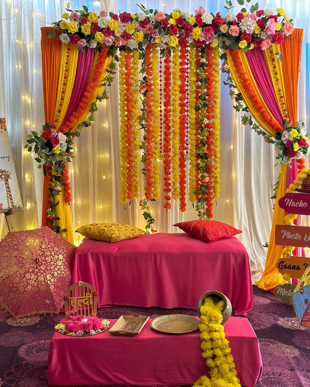 Marigold Hanging Canopy Mehendi Stage