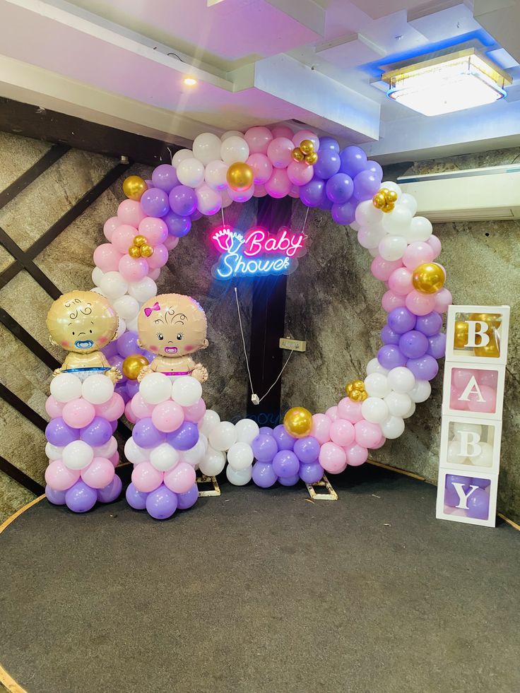 'Baby Shower' Neon Purple, Pink & Gold Ring with Twin Baby Cutouts
