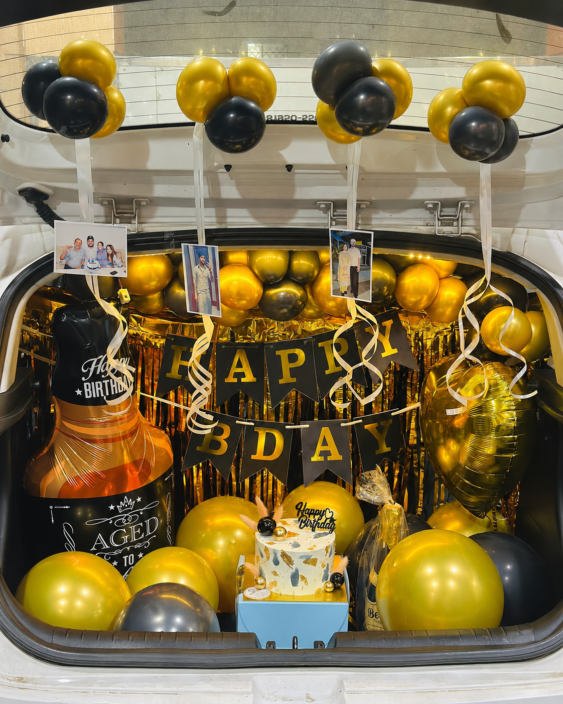 Premium Black & Gold 'Happy Bday' Car Boot Decoration