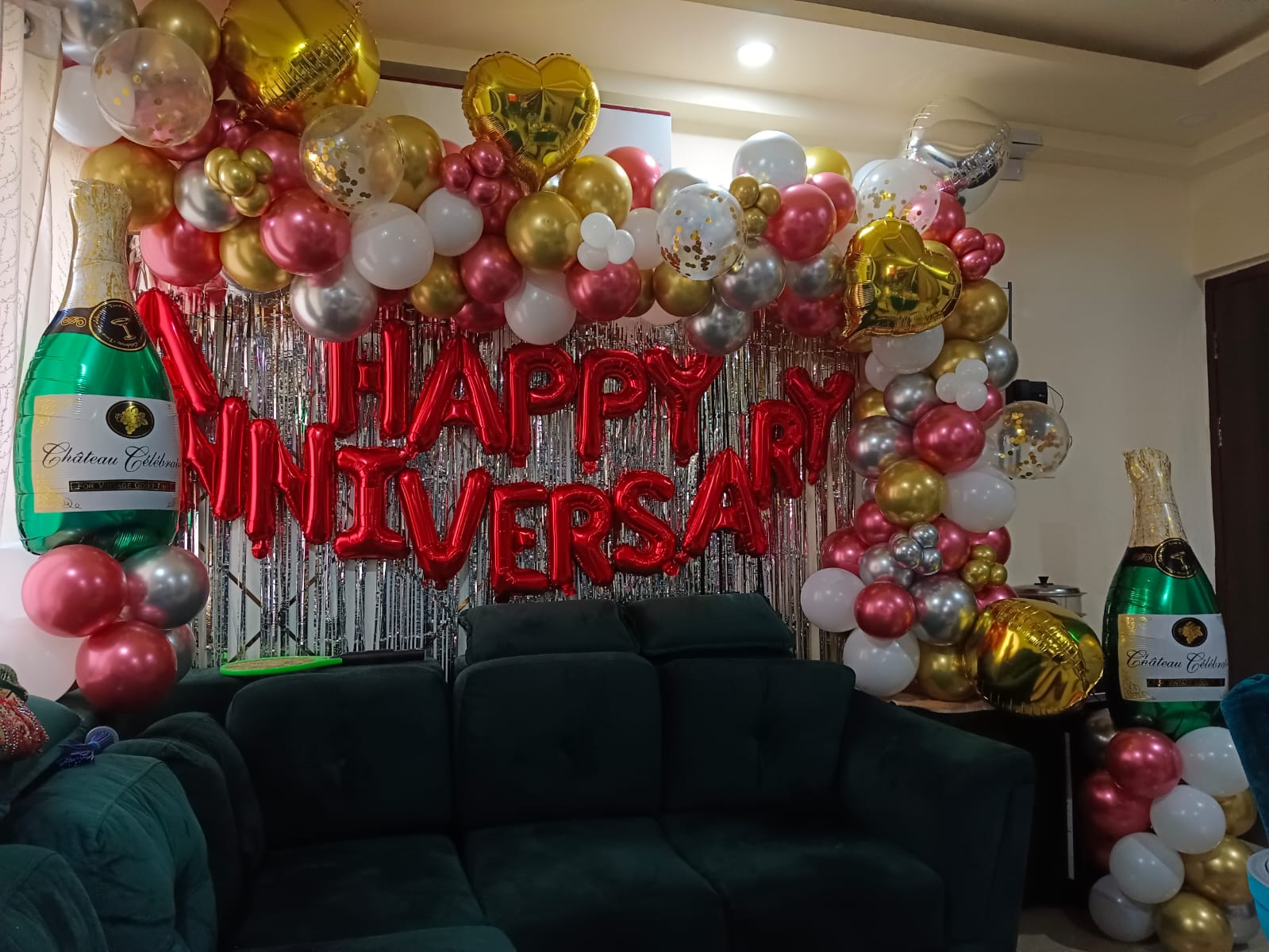 Red HAPPY ANNIVERSARY with Champagne Pillars