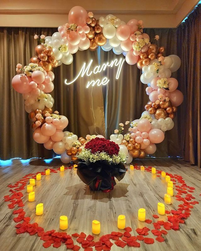 Rose Gold Ring Arch 'Marry Me' with Rose Bouquet