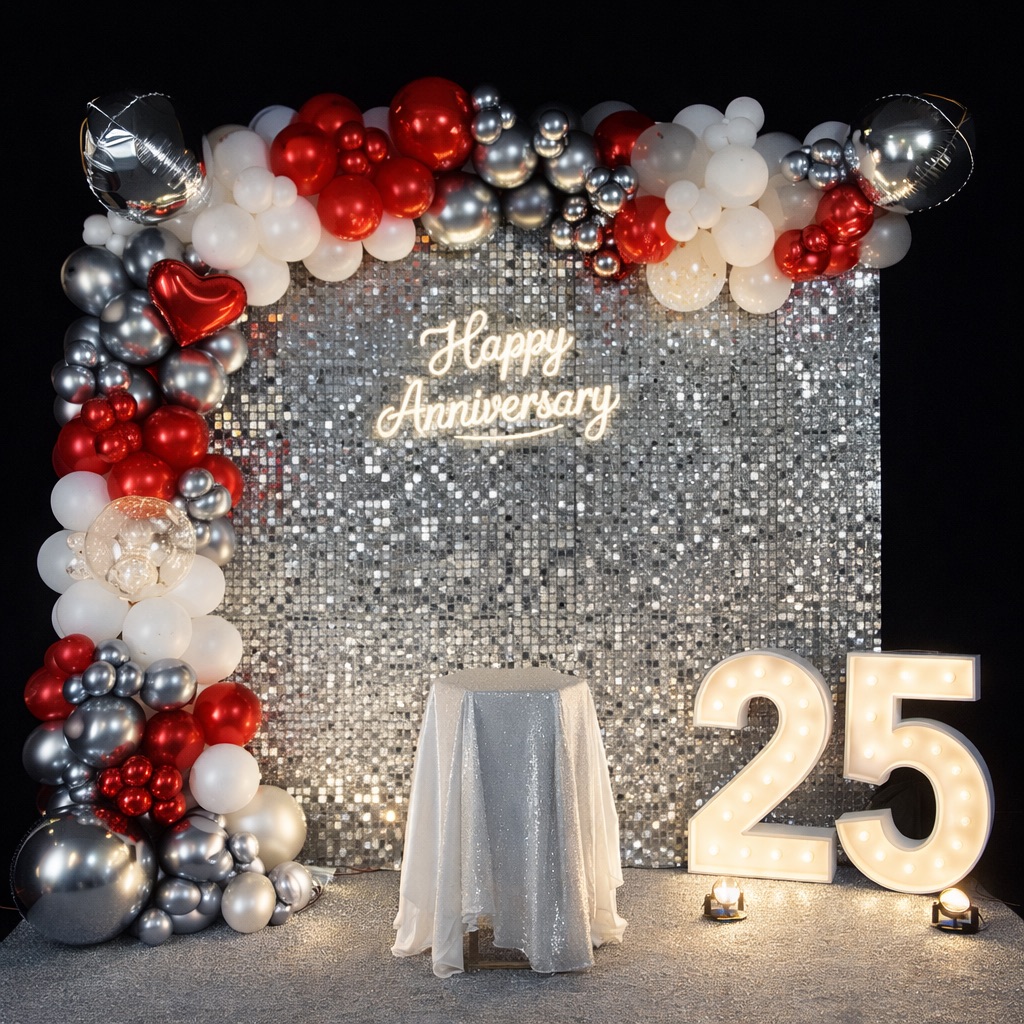 Silver Sequin Shimmer Wall with Marquee 25