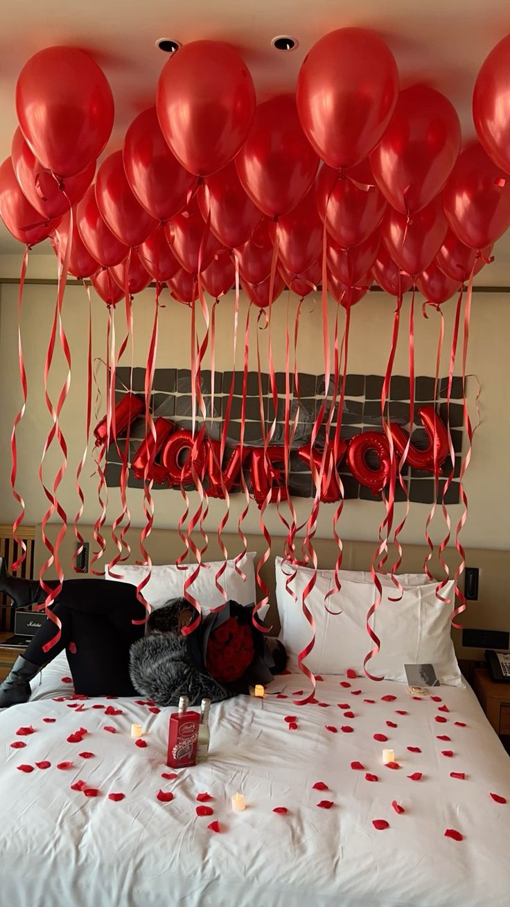 Red Ceiling Balloons & 'I LOVE YOU' Hotel Surprise