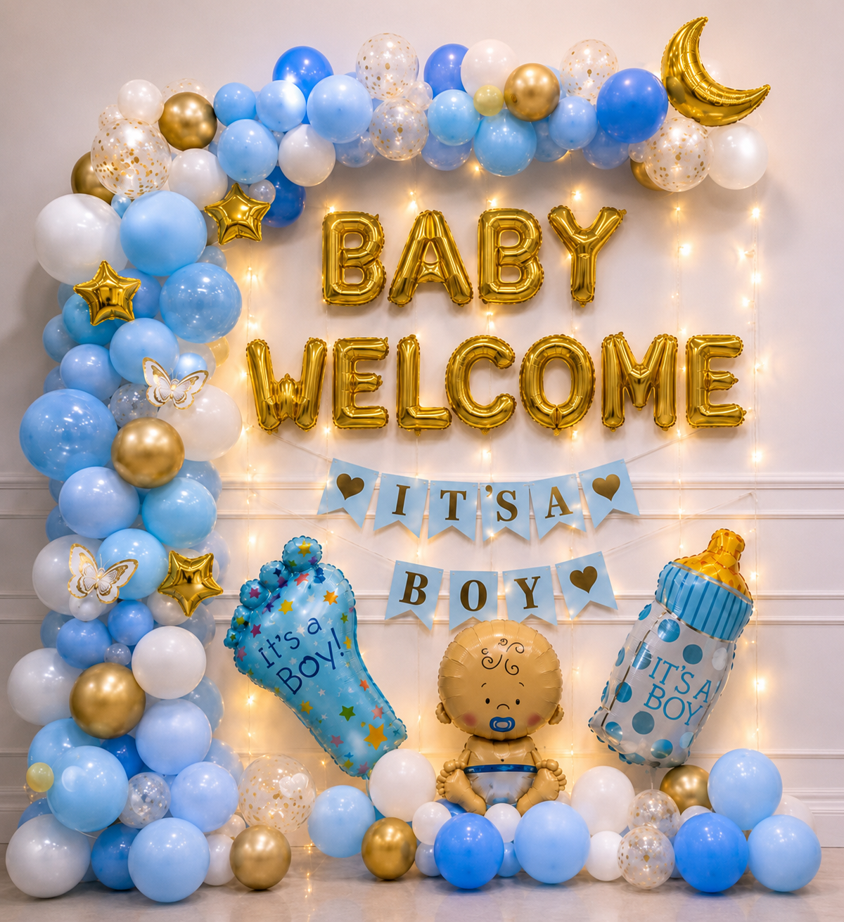 Blue & Gold 'Baby Welcome' Fairy Light Wall