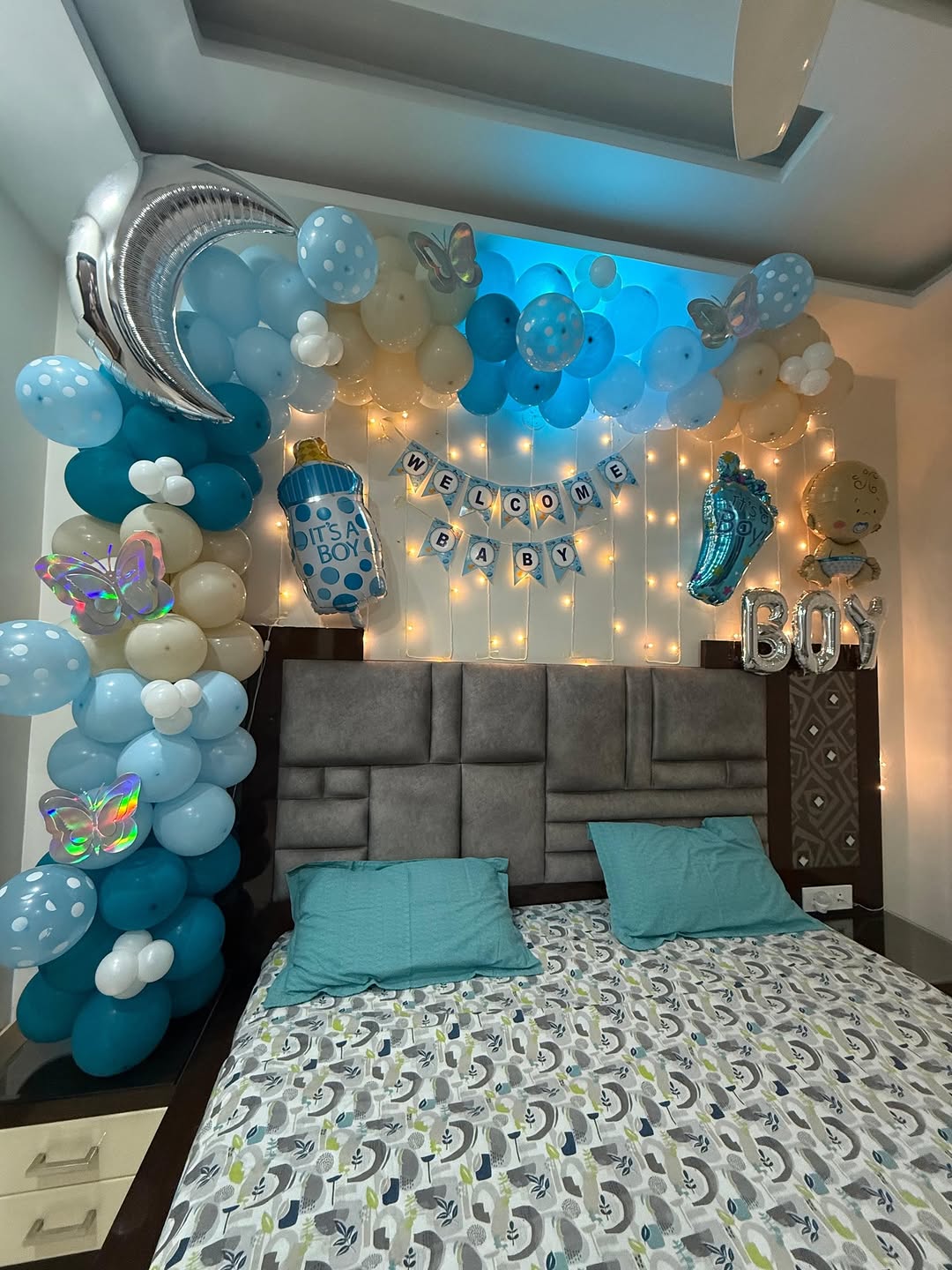 'Welcome Baby' Blue Bedroom Setup with Fairy Lights