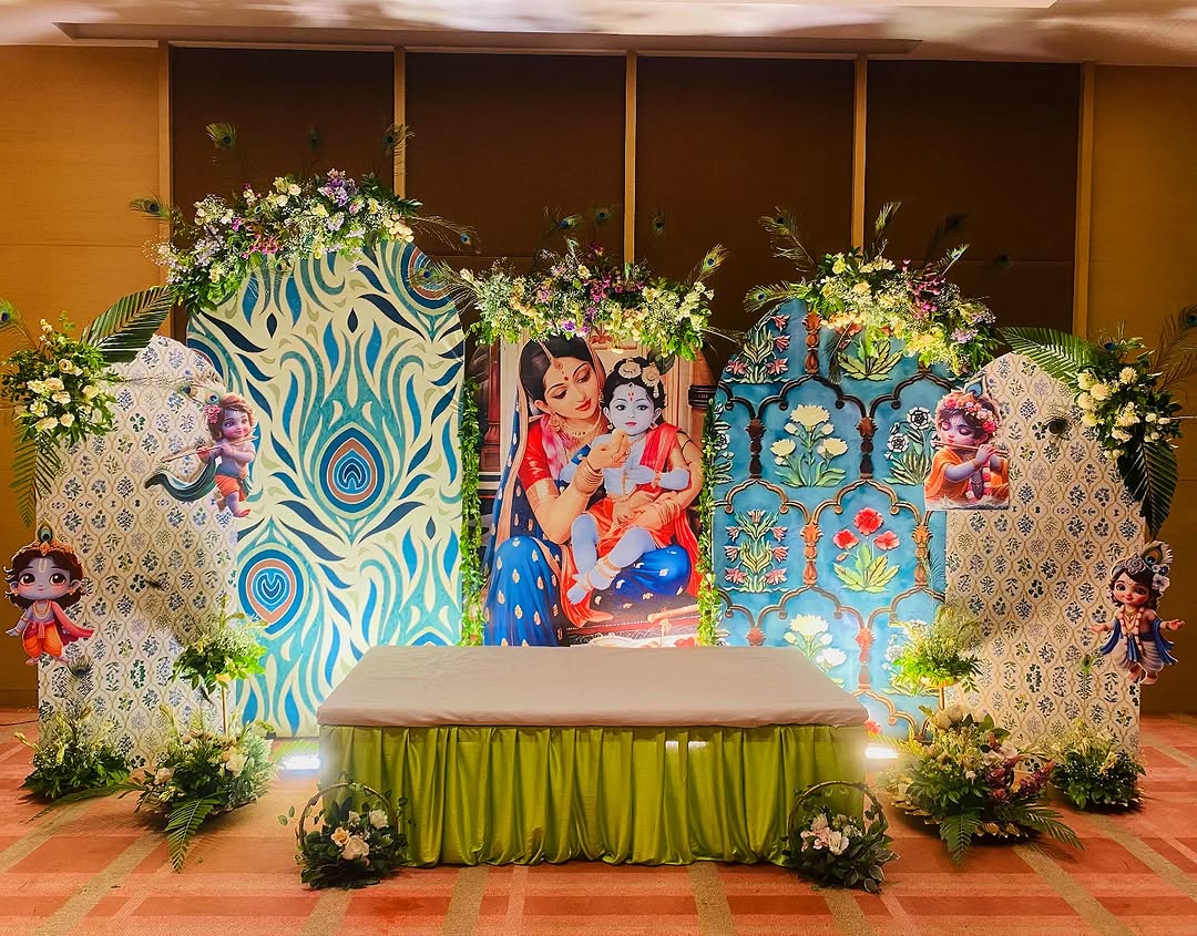 Grand Radha-Krishna Peacock Panel Stage