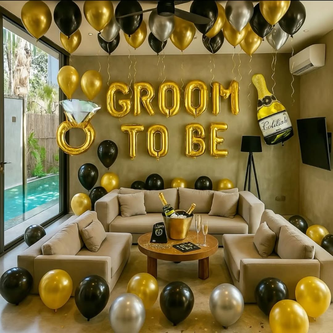 Gold & Black 'GROOM TO BE' Living Room Setup