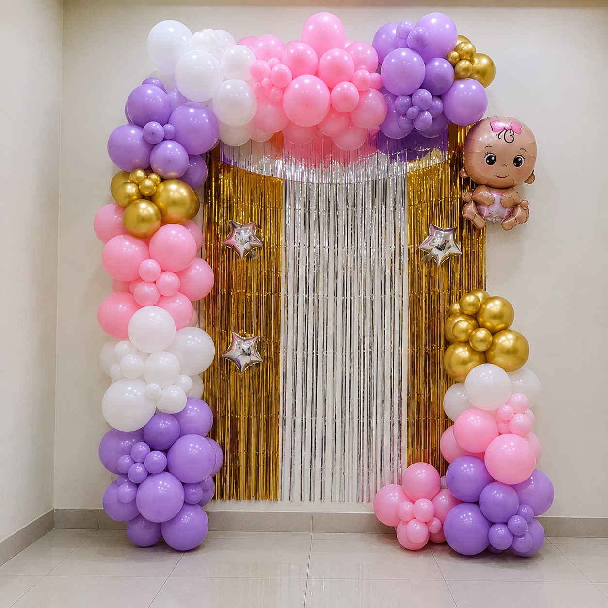 Pink, Purple & Gold Star Curtain Rice Ceremony Setup