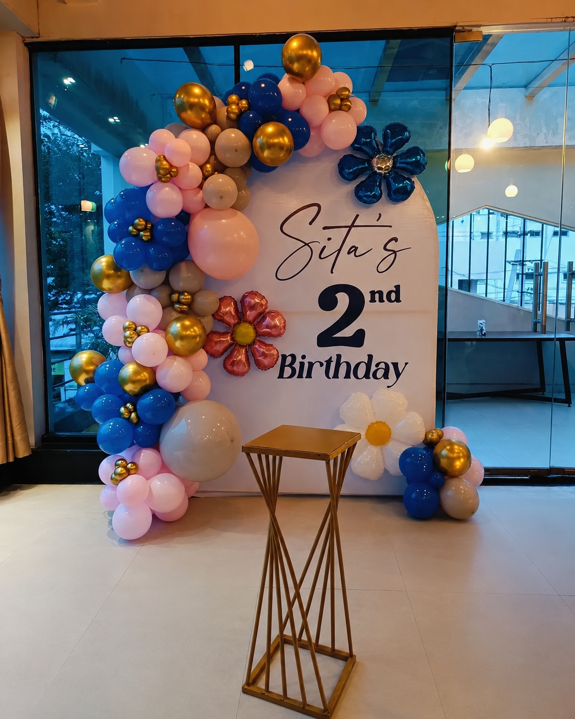 Pink, Royal Blue & Gold Chrome 2nd Birthday Arch