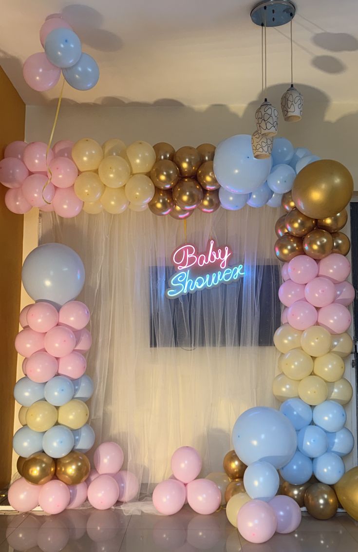 Pastel Pink, Blue, Yellow & Gold 'Baby Shower' Neon Arch