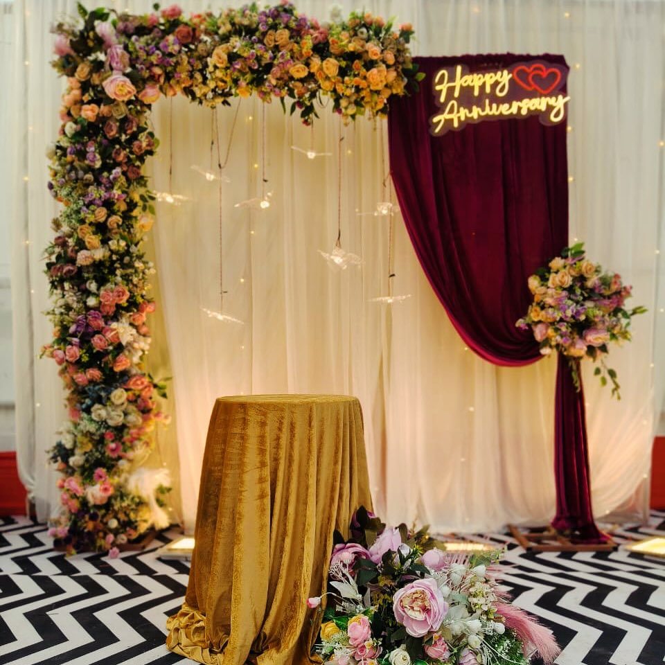 25th Pastel Floral & Maroon Drape