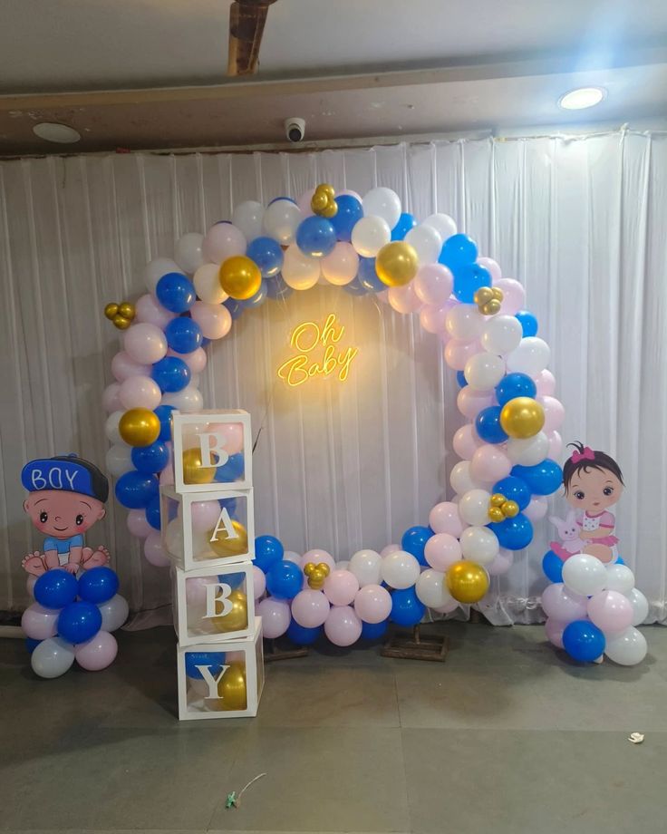 'Oh Baby' Blue, White & Gold Ring Arch with BABY Blocks