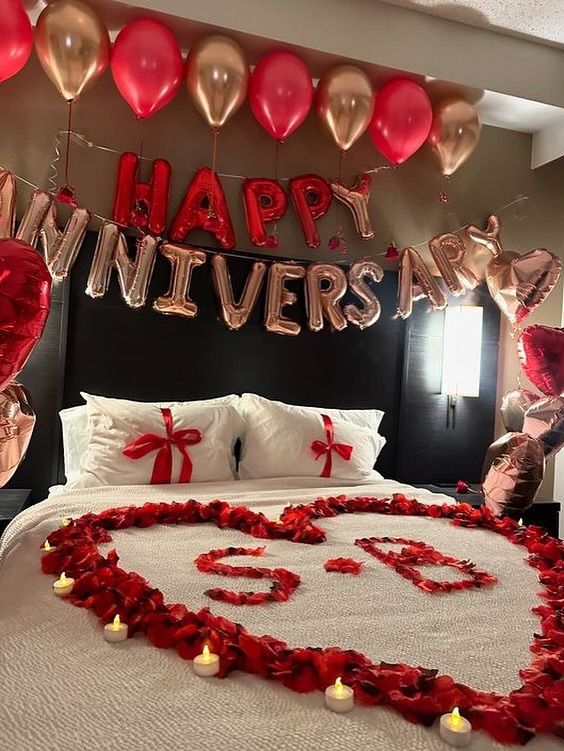 Red & Rose Gold Initials Petal Heart Room