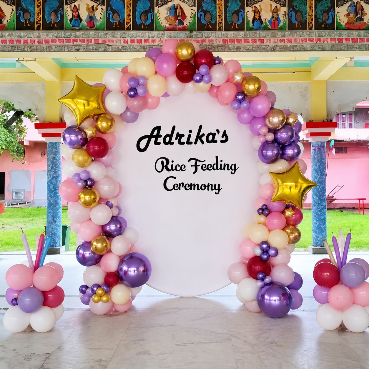 Pink, Purple & Chrome 'Rice Feeding' Arch