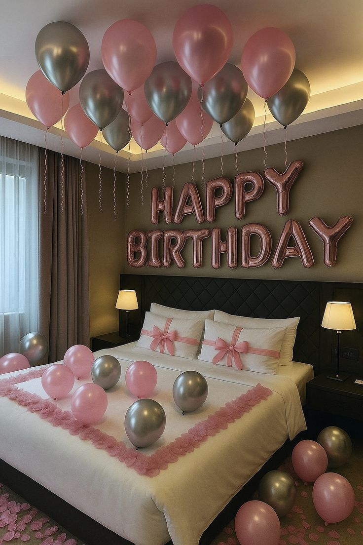 Rose Gold 'Happy Birthday' Bow Pillow Room