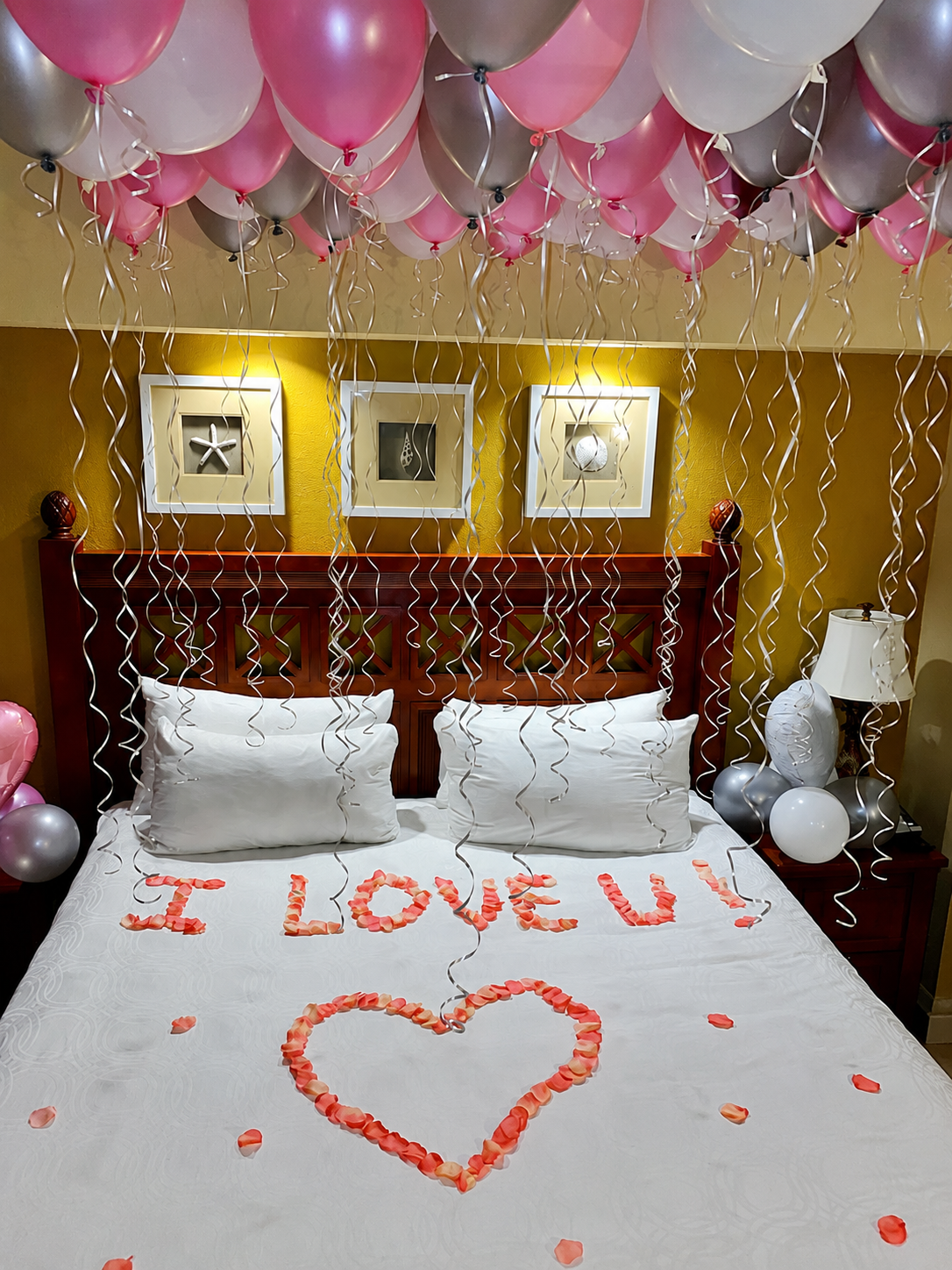 Pink & Silver Ceiling with 'I LOVE U' Petal Letters