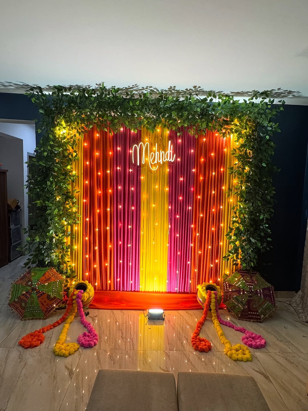 Neon Mehndi Leafy Fairy-Light Backdrop