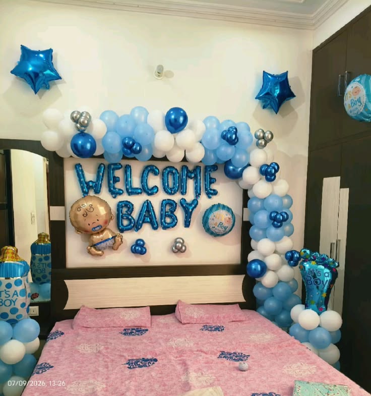 Blue & White 'Welcome Baby' Bedroom Boy Setup