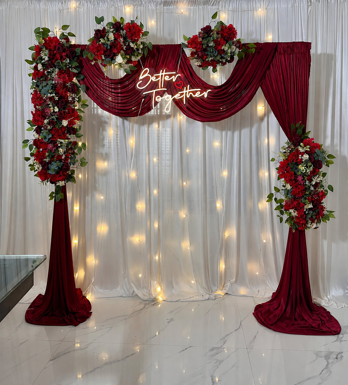 Better Together Maroon Drape Engagement Decor