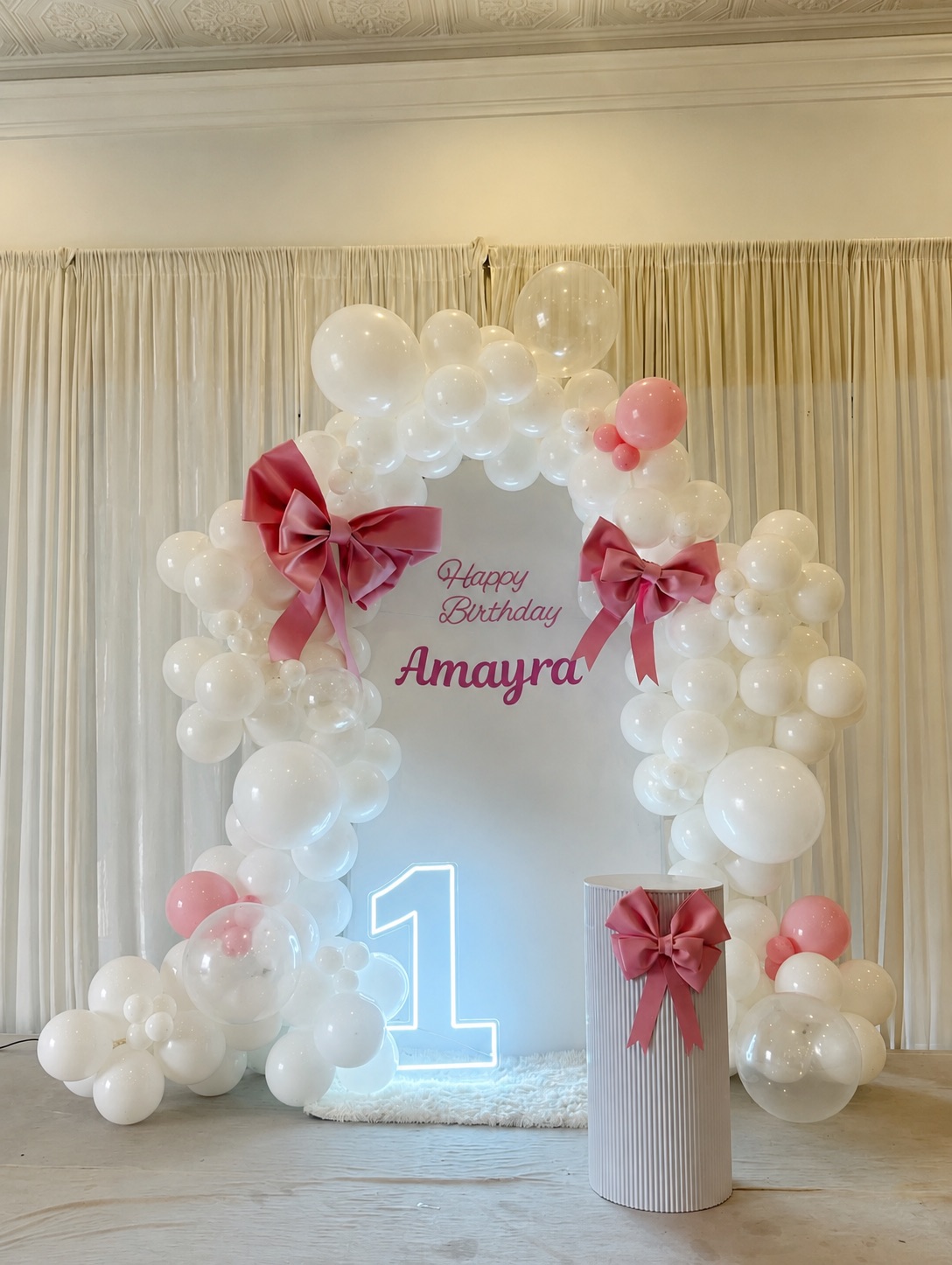 Amayra 1st Birthday White Cloud Arch with Pink Satin Bows