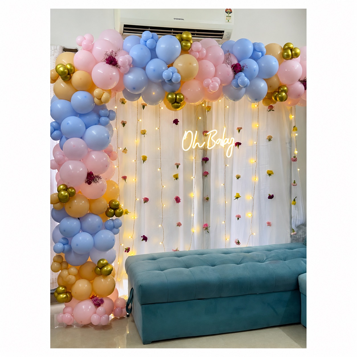 'Oh Baby' Pastel Pink, Blue & Gold Floral Curtain Arch