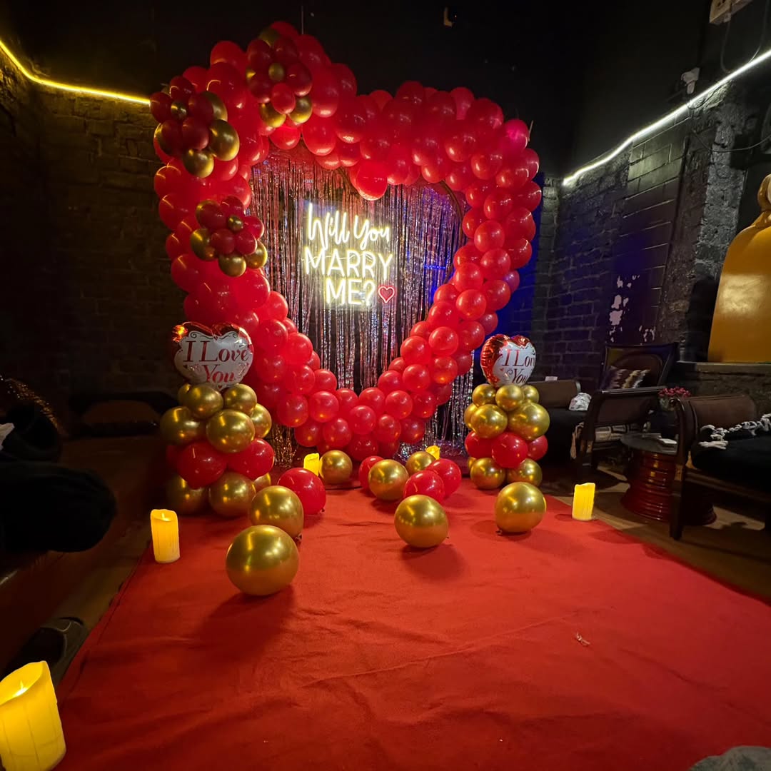 Luxury Red & Gold Heart Balloon Arch Proposal
