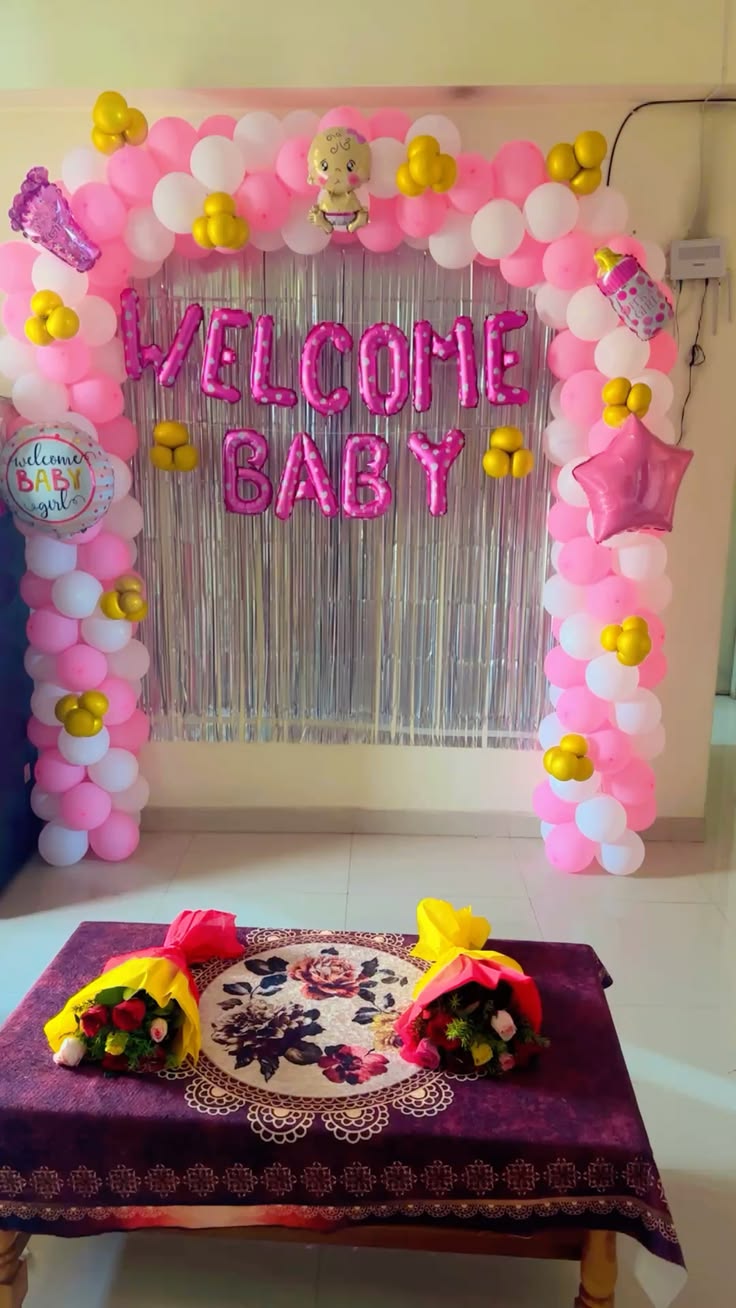Pink Shimmer Curtain 'Welcome Baby' Arch