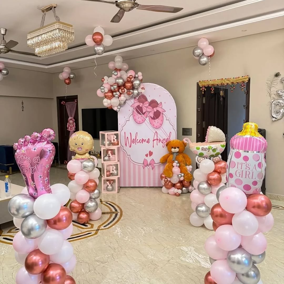 'Welcome Angel' Rose-Gold Arch with Teddy & Pram