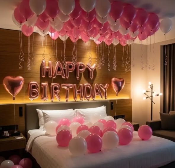 Pink & White Balloon Ceiling Birthday Surprise