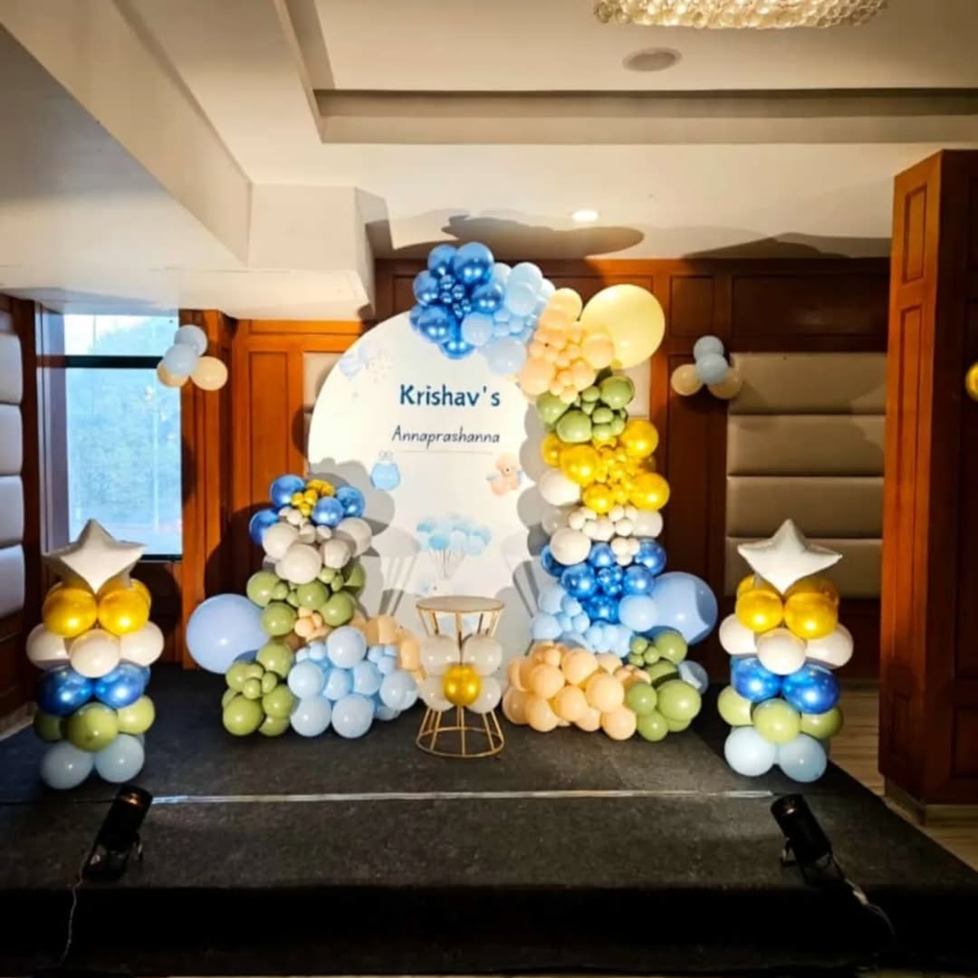 Pastel Annaprashan Stage with Baby Pillars