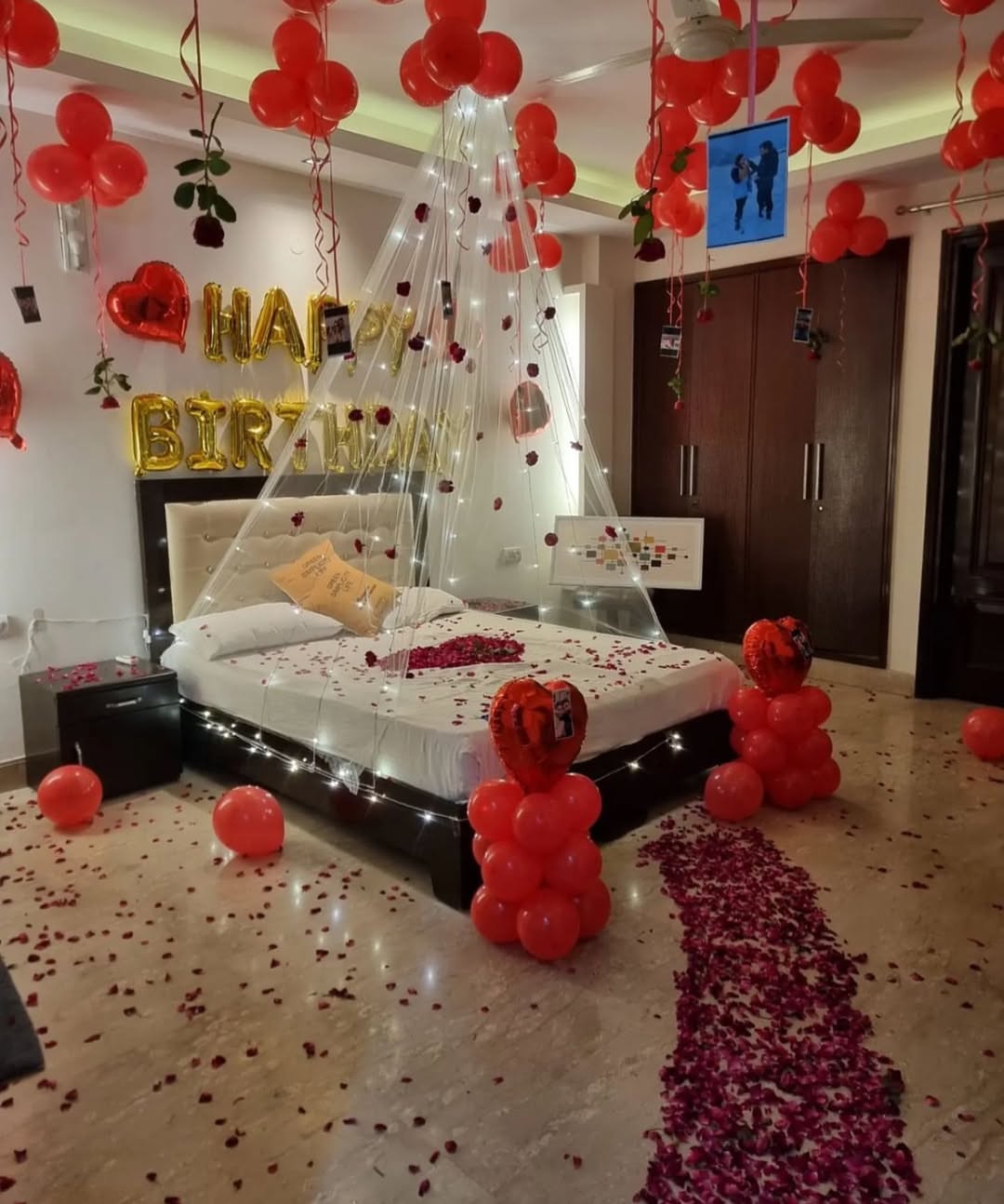 Red Rose Net Canopy Birthday Room Surprise