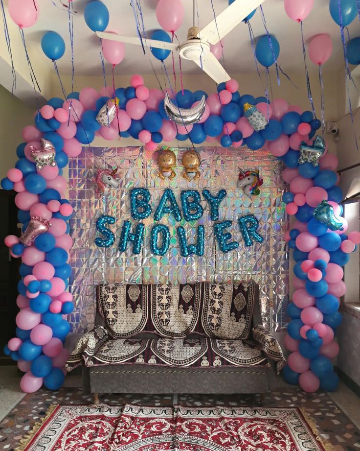 Grand 'BABY SHOWER' Pink & Blue Ceiling Arch with Silver Backdrop