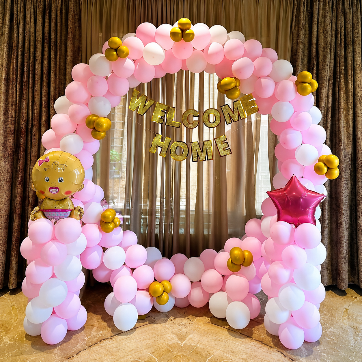 Pink Ring Arch 'Welcome Home' Photo Backdrop