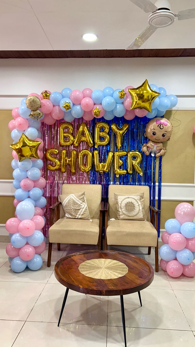 Gold 'BABY SHOWER' Foil Letters with Pink & Blue Tinsel Arch