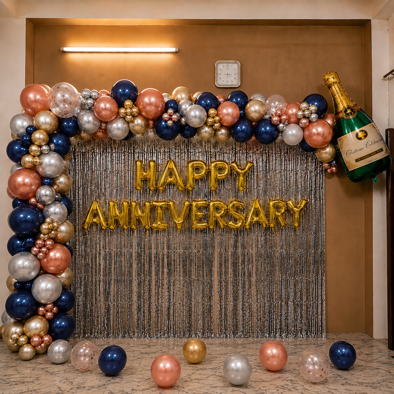 Navy, Rose-Gold & Champagne Bottle Anniversary Arch